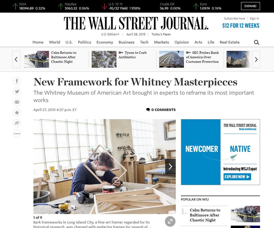 Wall Street Journal: New Framework for Whitney Masterpieces